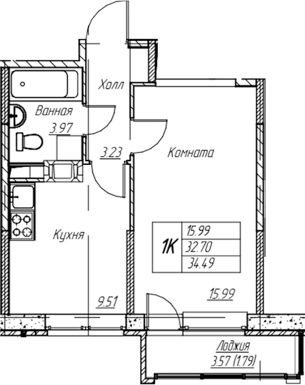 1-комнатная квартира 34.49 м², 20/22 эт., ЖК «Парк-квартал Юнтолово»